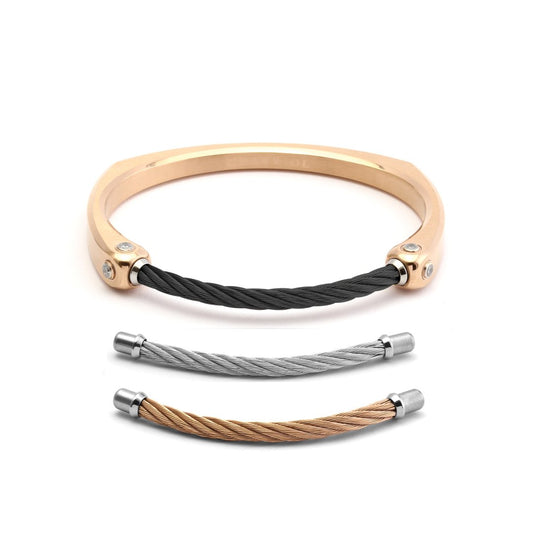 Chameleon-Rock-Stainless-steel-rose-gold-PVD-bangle-with-White-Topaz-and-Stainless-steel-black-PVD-cable-(3.5mm)-White-Topaz-2.5mm-Stainless-steel-cable-(3.5mm)-and-Stainless-steel-rose-gold-PVD-cable-(3.5mm)-Size-L