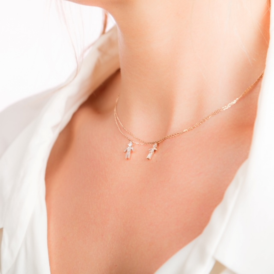 Diamonds and 18Kt Yellow Gold Girl & Boy Necklace