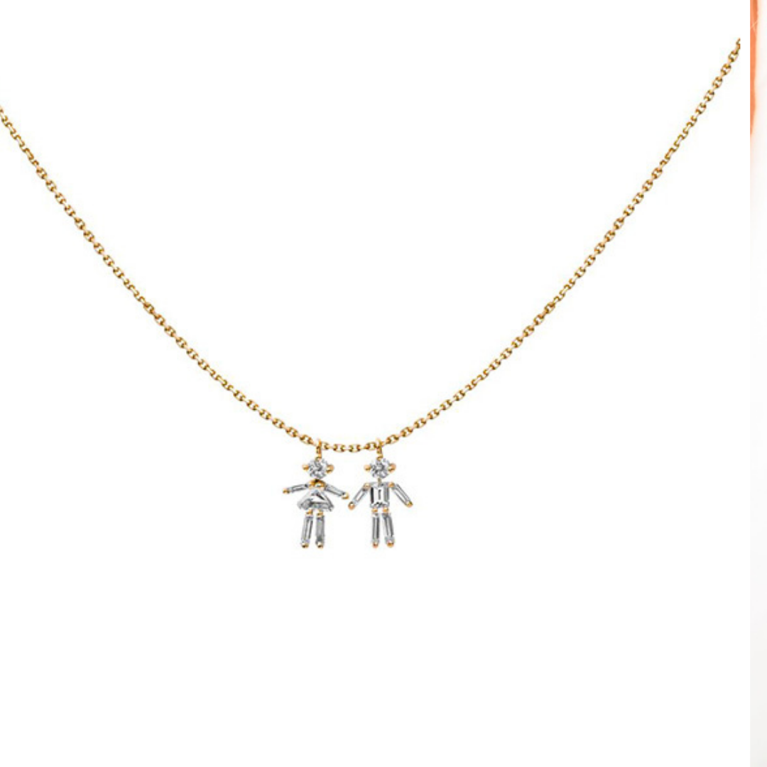 Diamonds and 18Kt Yellow Gold Girl & Boy Necklace